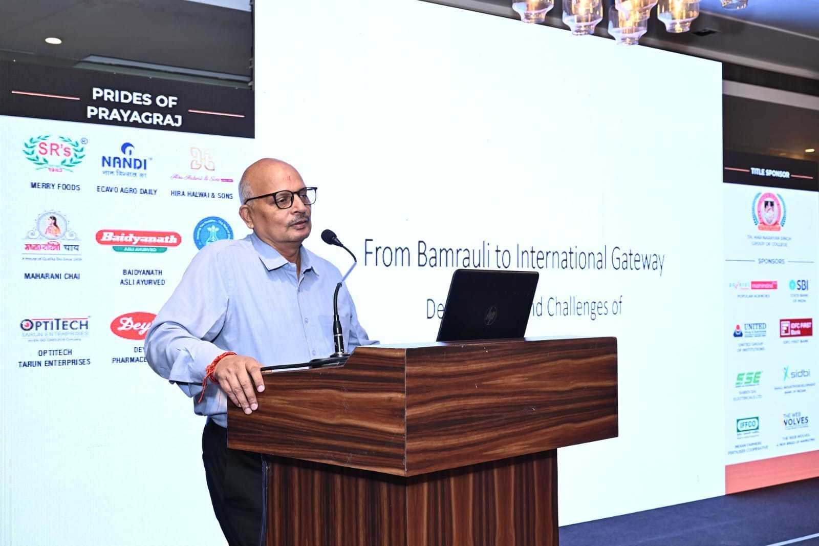 Ajaya Kumar Pathak speaking at the Chamber of Commerce session on Prayagraj Airport